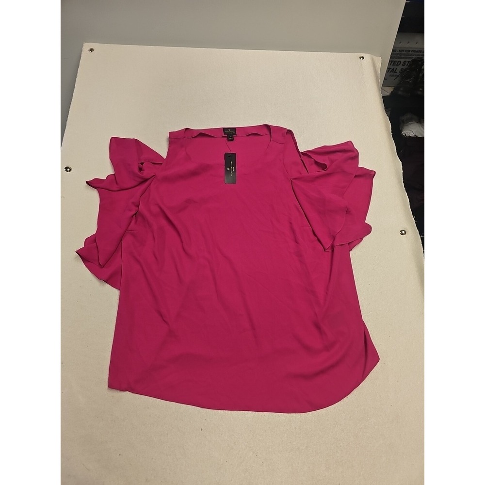 Worthington Womens 1X Magenta Flutter Blouse Cold Shoulder Short Sleeve  Stretch